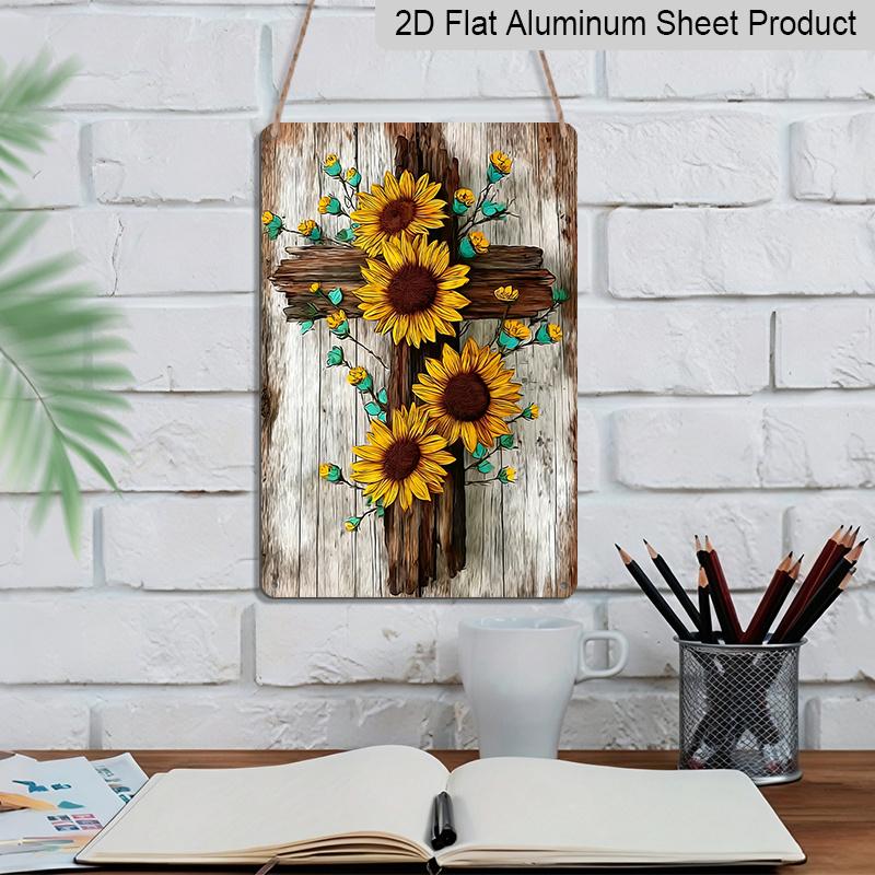 2D Flat - Decorative Metal Sign for Wall Art, Durable Aluminum Material 8*12 Inch Featuring Vintage Sunflowers and A Wooden Cross. Ideal As A Holiday
