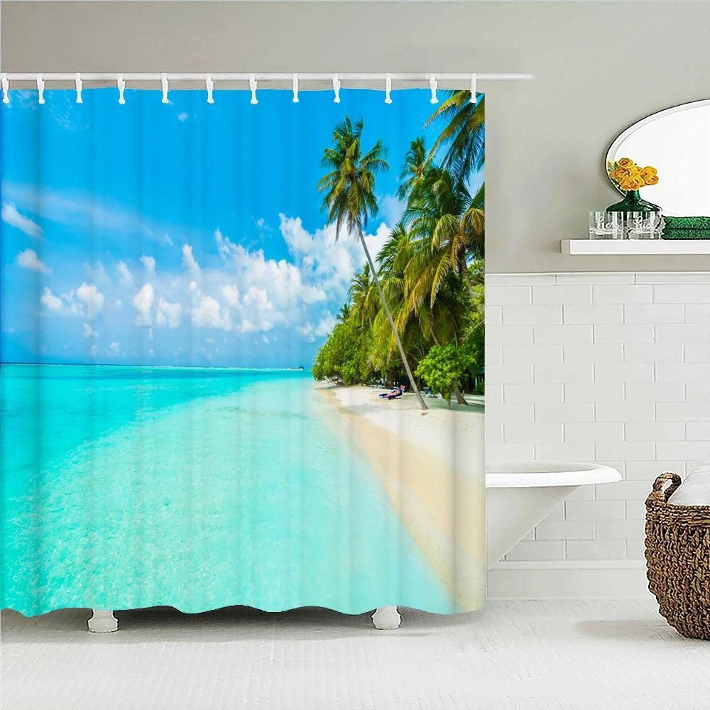 Waterproof Shower Curtain For Bathroom Sunny Sea Beach landscape Print Bathtub Curtains Polyester Bathroom Curtain with 12 Hooks
