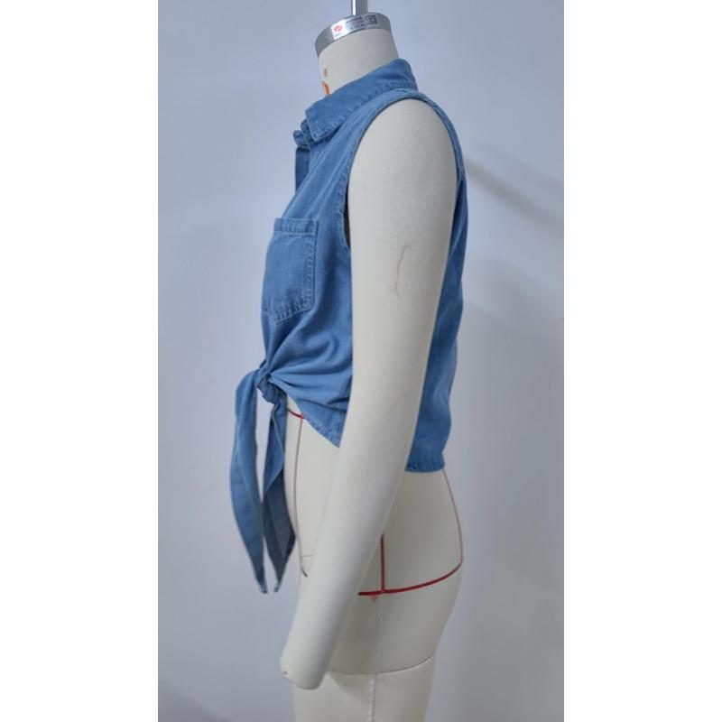 Summer Fashion Thin Sleeveless Denim Shirt Lace-up Elegant Women Lapel Pocket Summer Short Top Slim Fit Casual Simple Loose Office Women's Clothing