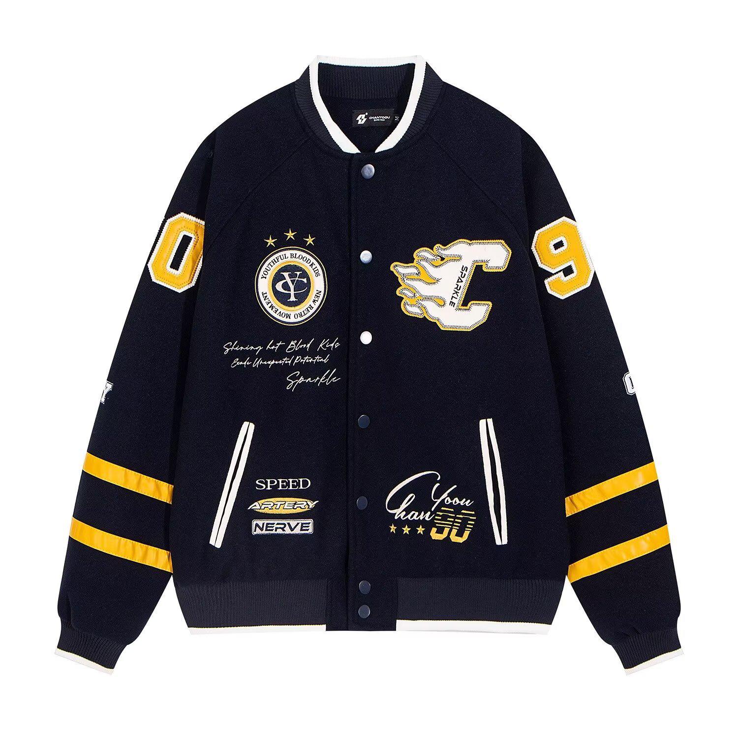 

Американская ретро вышитая бейсбольная куртка - Весна 2025 Женская Повседневная и Модная Молодежный Стиль M тёмно-синий/жёлтый