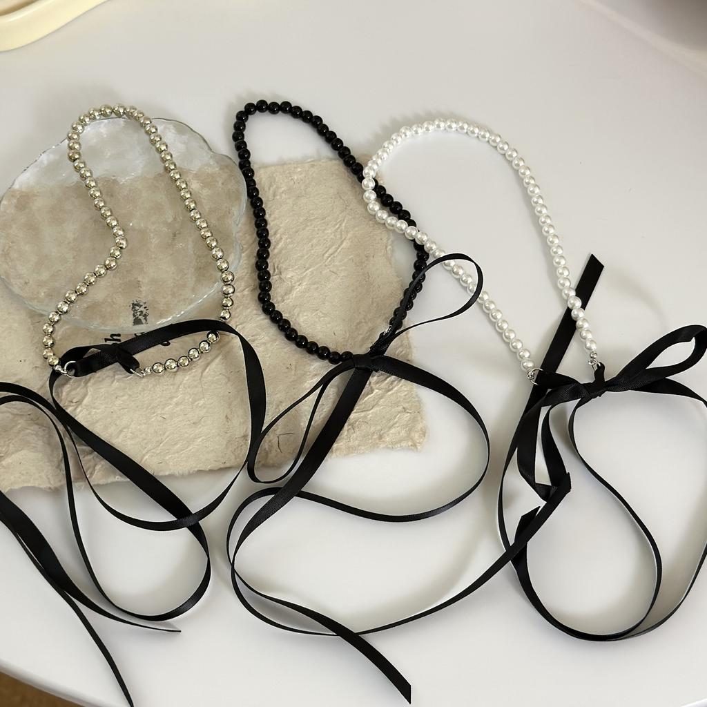 Black Ribbon Bow Pearl Necklace Women's Fashion Summer Light Luxury Niche Collarbone Chain Neck Chain Collar Accessories