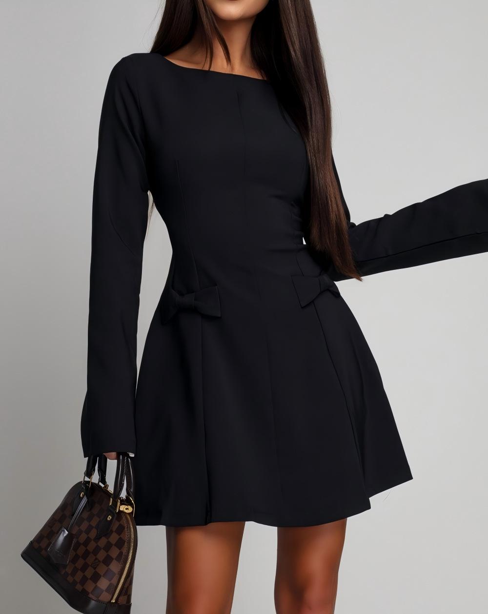 Elegant European & American Women s Round Neck Long Sleeve Bow Waist Slimming Mini Dress Extra Large