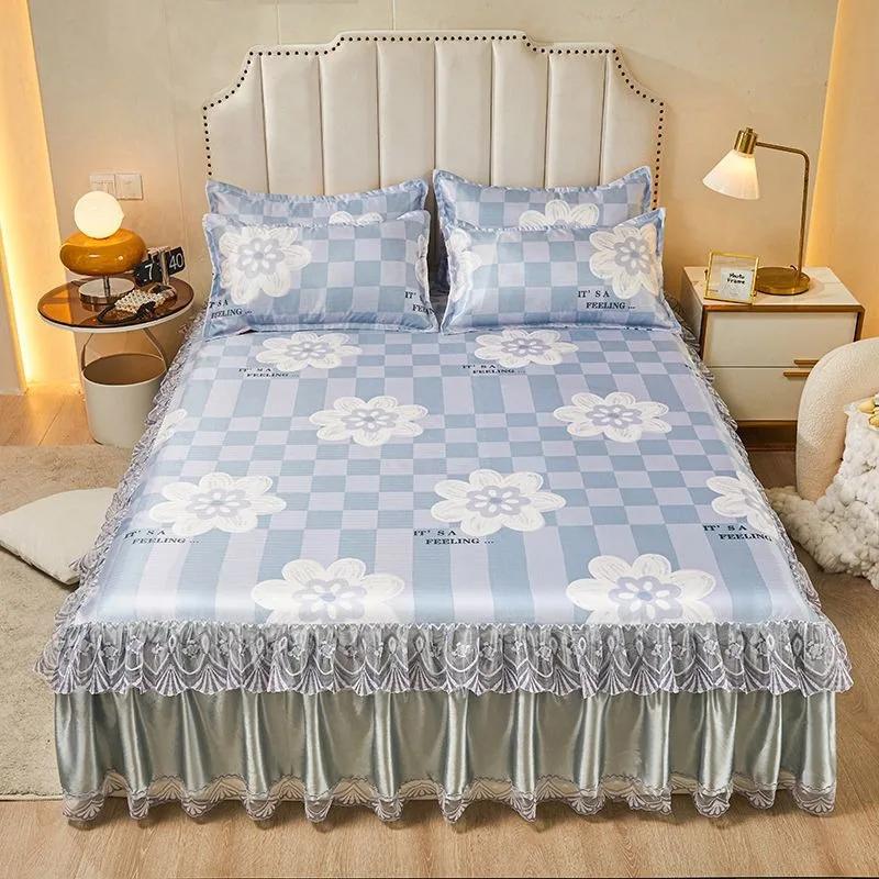 3pcs/set 2024 Summer Lace Bed Skirt Ice Silk Mat Printed Korean Lace Cool Mat Set Retro Single AndDouble Air Conditioned Bed Mat