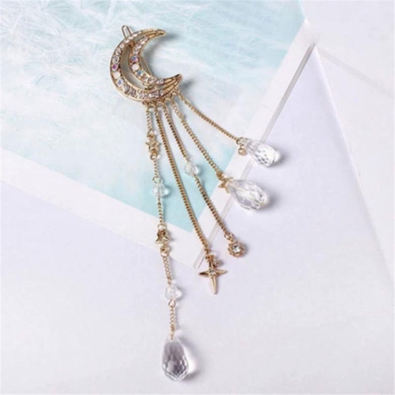 1/3PCS Retro Women's Crescent Star Tassel Hairpin with Diamond Crystal Moon Star Girl Edge Clip Hairpin