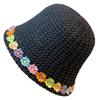 Girls Teens Crochet Bucket Hat with Flower Decals Woman Straw Weaving Floppy Hat Teens Summer Spring Camping Sun Hat