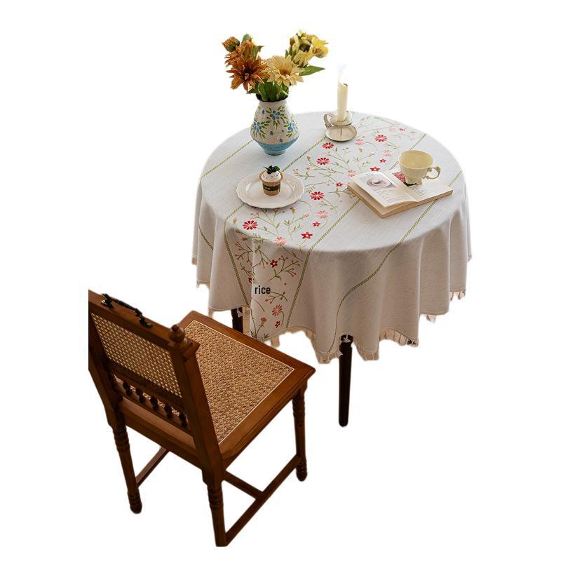 Waterproof Cotton Linen Embroidered Tablecloth for Dining or Coffee Table