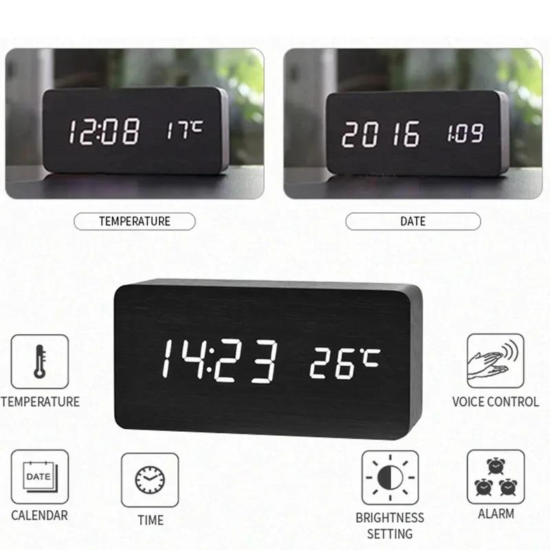 Voice Control Wooden Digital Clock Creative Multi-Functional LED Alarm with Temperature Display Modern Minimalist Home Decor