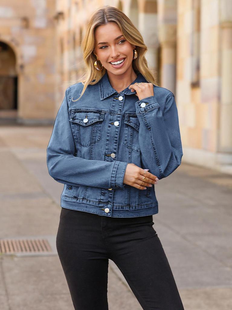 2026 Women's Trendy Long-Sleeve Denim Jacket with Pockets and Fitted Shorts