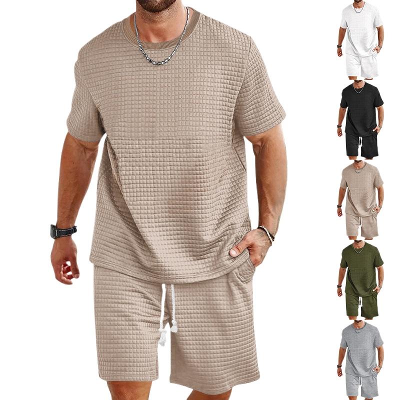 Completo Activewear da Uomo T-shirt a Girocollo Monocolore Pantaloncini Outfit 2 Pezzi