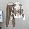 Fashion Set Women's Spring and Autumn Casual Knitted Checked Sweater Two-piece Set