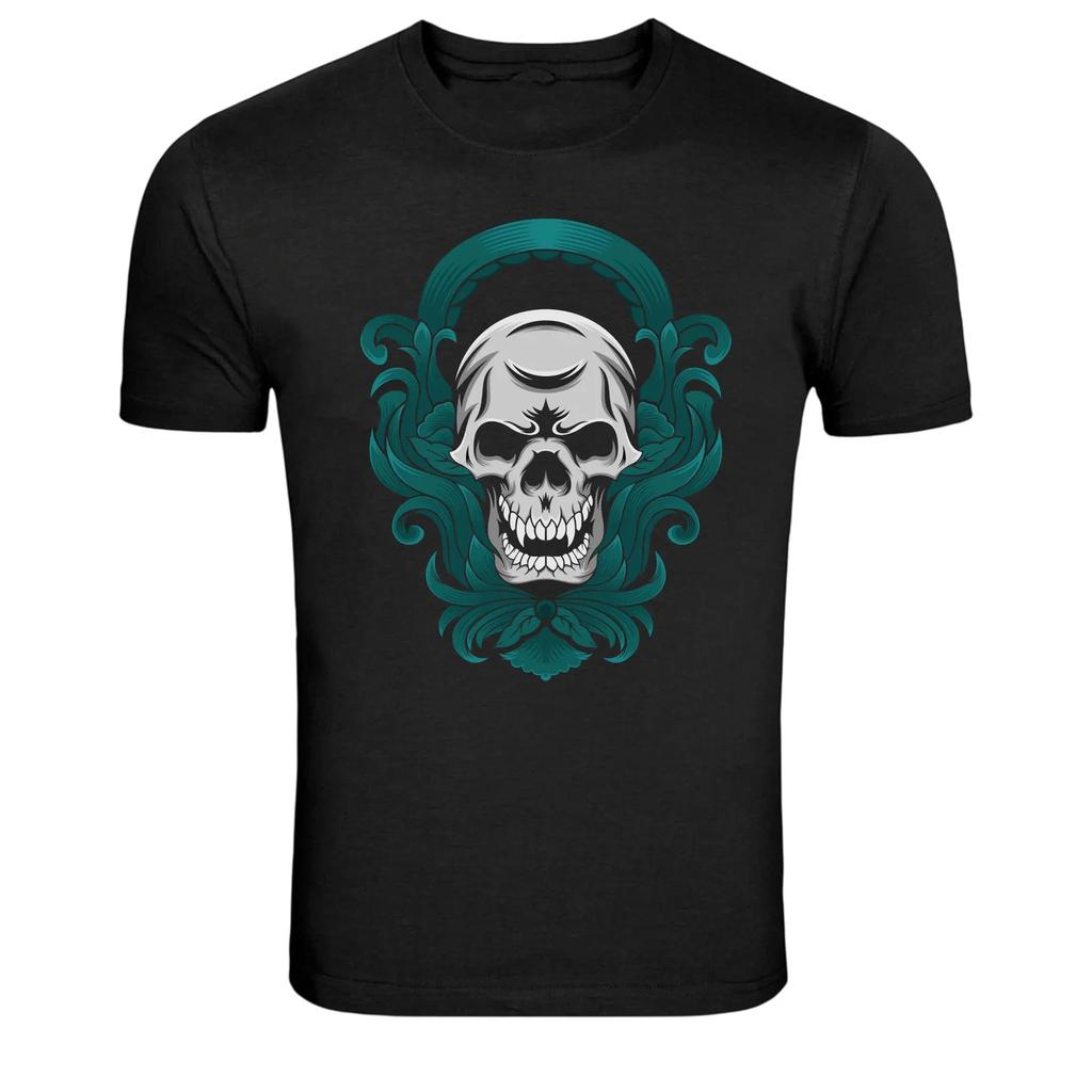 Ornamental Skull Gothic Graphic T-Shirt Dark Skeleton Art Tee