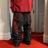 LUXEON High Street Gothic Brodat Negru Roșu Model Y2K Blugi Talie Înaltă Retro American Pantaloni Casual Casual pentru Cupluri de pe Stradă