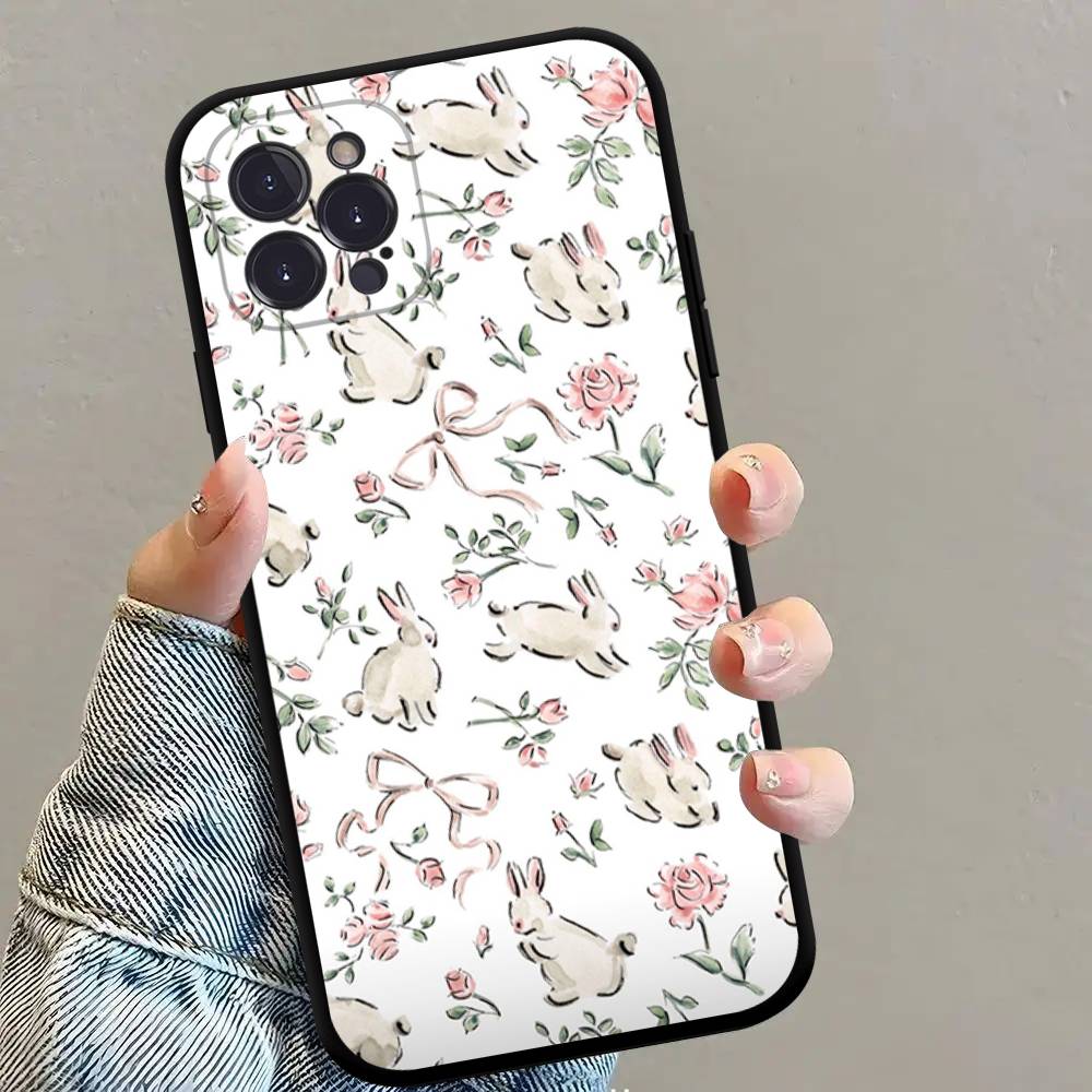 Wildflower Girls bow Rabbit Cute Cartoon Phone Case For iPhone 17 16 15 14 13 12 11 Pro Max Plus Mini Soft Silicone Black TPU iPhone 13 mini