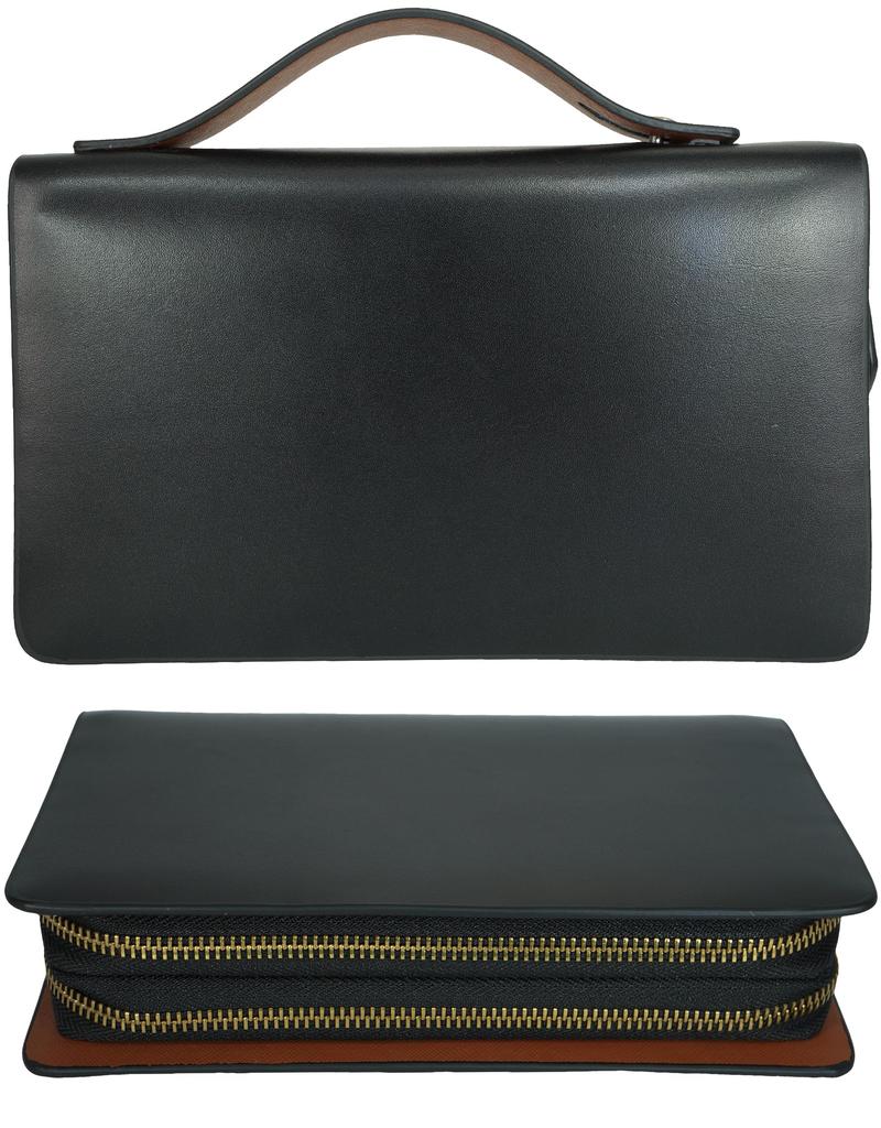 Schwarz x Braun1 Spanisches Leder Lange Geldbörse, All-in-One Geldbörse für Herren mit Griffen, Doppelter Reißverschluss, Runder Reißverschluss, Große Kapazität, Multifunktional,