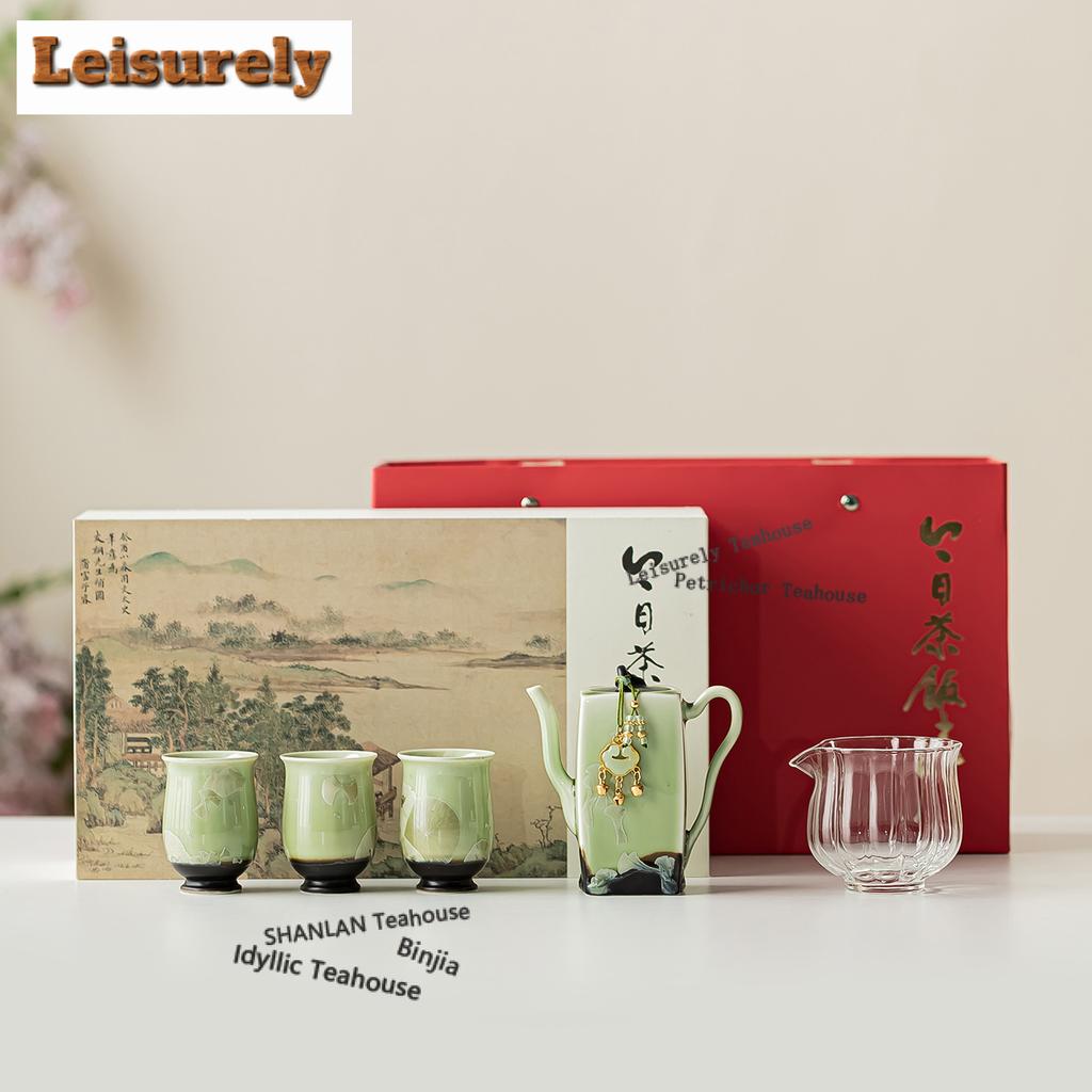 Kiln Change Crystal Glaze Dark Blue Square Teapot Tea Set Complete Set Zen Tea Ceremony Set Teapot And Tea Cup Set Tableware