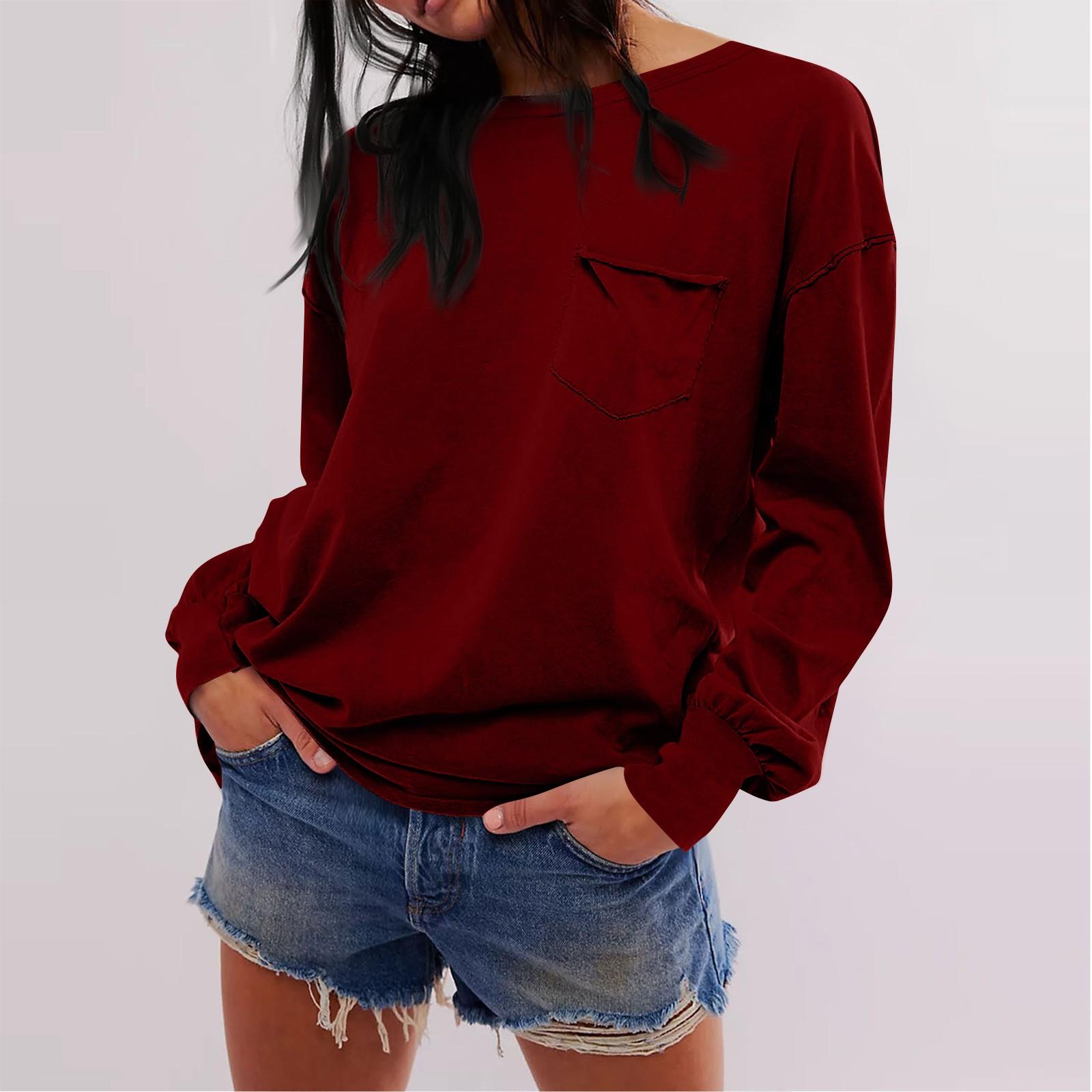 

Женская модная однотонная свободная футболка с круглым вырезом и длинными рукавами и карманами XXL винный