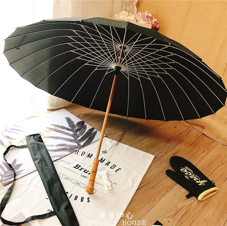 Wood Long Handle Umbrella 24 Ribs Retro Chinese Umbrella Men Women Black Big Parasol Outdoor Sun Protection Umbrellas for Girls