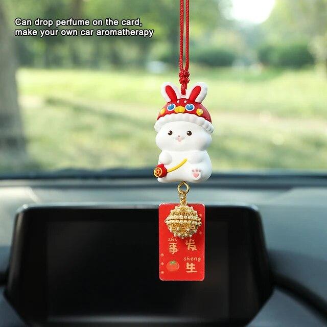 Cute Lucky Rabbit Car Pendant Amulet Blessing Rearview Mirror Hanging Alloy Key Bag Car Ornament Decor Couple Gift Xmas New Year