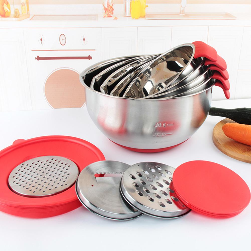 

Stainless Steel Egg Bowl Salad Bowl Non-Slip Silicone Bottom Handle Scale With Lid Baking Supplies red Inner diameter 16cm#1