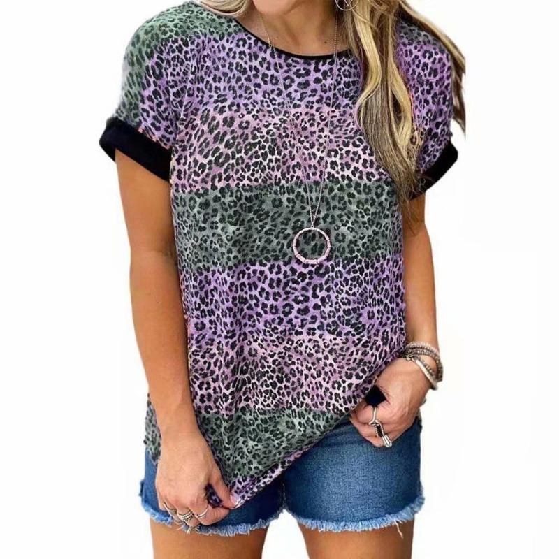 Women Summer Leopard Printed Short Sleeve Tops Casual O-neck Loose Tee Top Ladies T-shirt Clothing