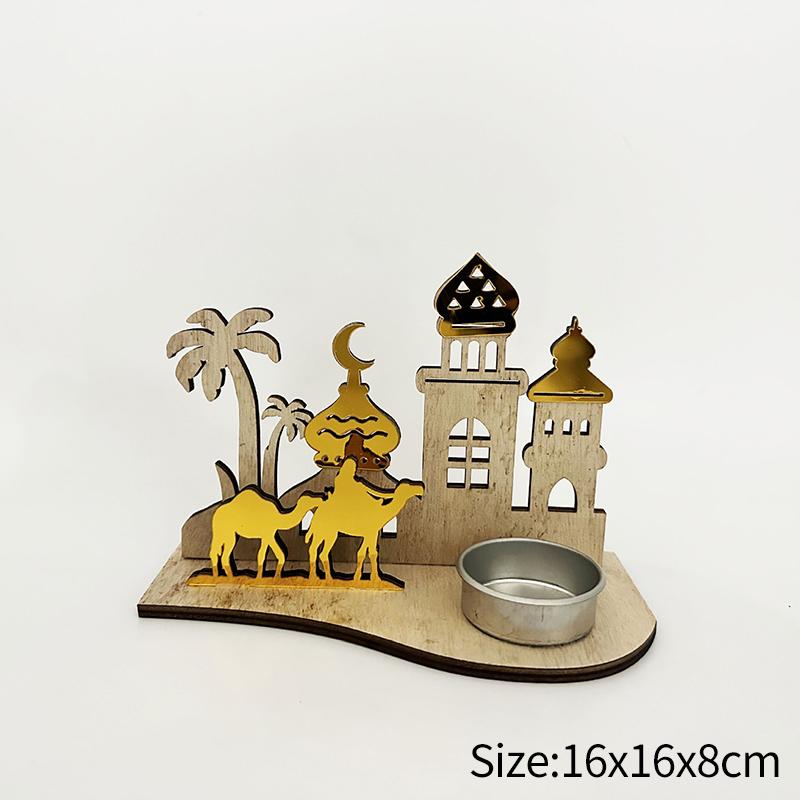 Wooden Eid al Fitr Candlestick Muslim Party Decoration Star Moon Castle Desktop Candlestick Ramadan Home Candlestick Ornament