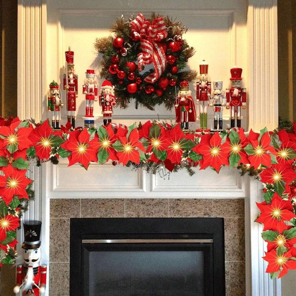 Red Poinsettia Floral String Lights Durable Plastic Holiday Lights Battery Powered Garland For Home Indoor Outdoor Decor