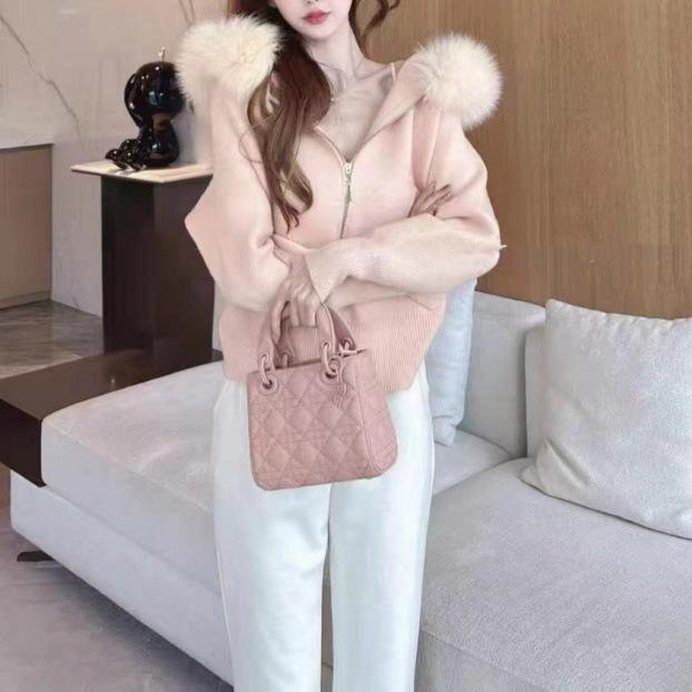 Autumn/Winter Hooded Knitted Cardigan with Faux Fox Fur Collar for Women