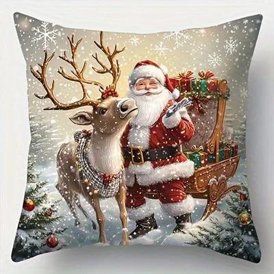 Home Decor Santa, Reindeer & Snowman Christmas Pillow Pattern Cushion Cover Suitable For Sofa Bedroom Car Pillow Cover