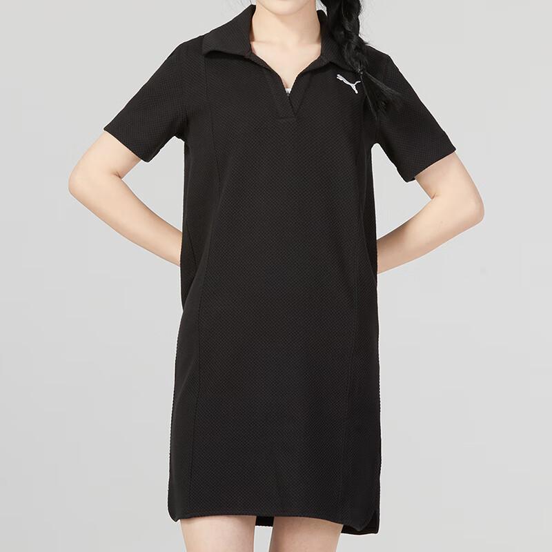 Puma Solid Color Casual Oversized Minimalist Knit Polo Short Sleeve Dress Women's Black