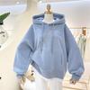 Women's Fleece-Lined Patchwork Hooded Sweatshirt - 2025 Autumn/Winter Korean Style Embroidered Loose Fit