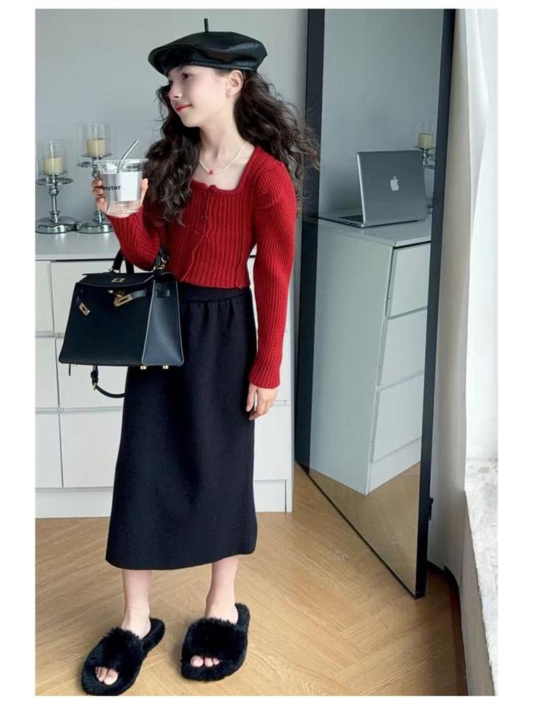 Mädchen Pullover mit Puffärmeln & Rock Set - 2025 Trendige Herbst/Winter Mode für Große Kinder