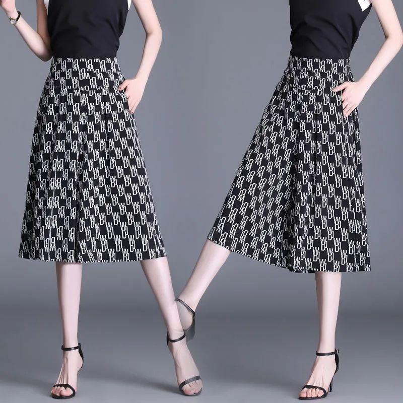 Summer New Fashion Elegant High Waist Wide Leg Pants Women Print Letter Pockets Loose Casual Straight Thin Casual Skirts
