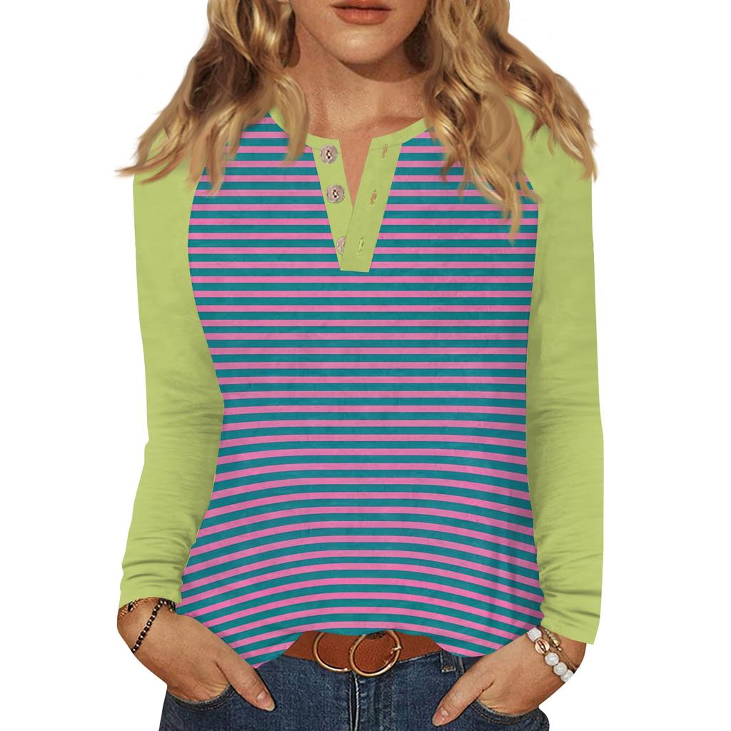 Damen T-Shirt Print Knopf Langarm Täglich Wochenende Mode Basic V-Ausschnitt Regulär Oberteil