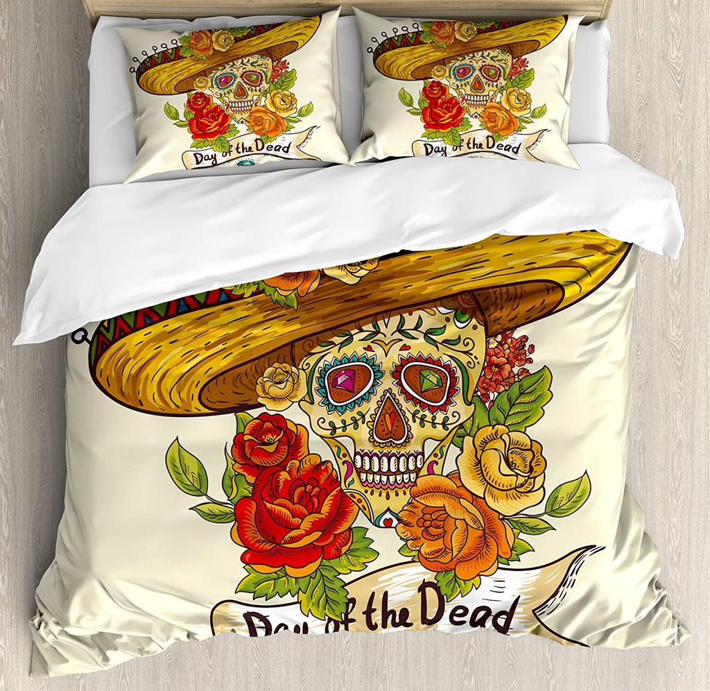 Sugar Skull Comforter Cover Set Teen Girl Bedding Set,Sugar Skull Decor Bedding Skull Roses Floral Print Duvet Cover Set