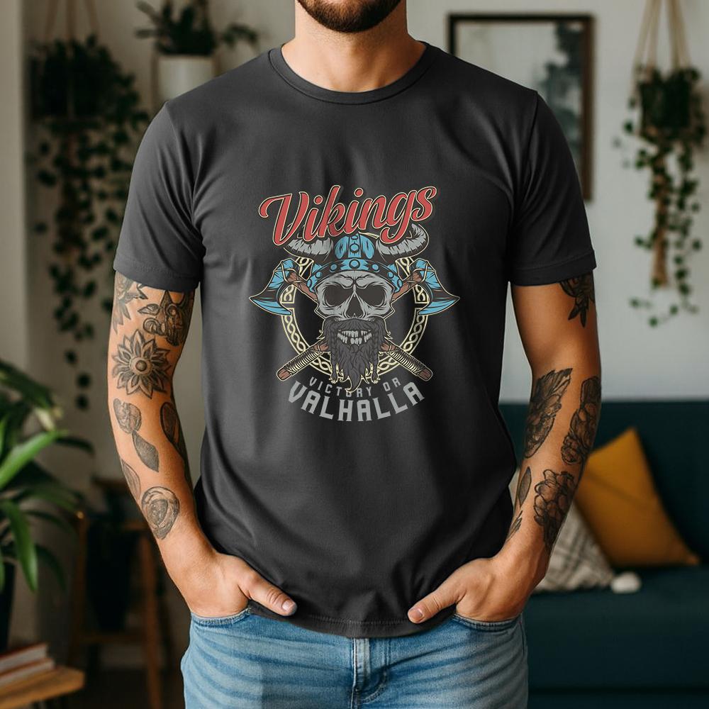 2026 Summer 100 Cotton Vikings Valhalla Graphic Oversized Tee Viking Valhalla Skull Norse Mythology Themed Short Sleeve
