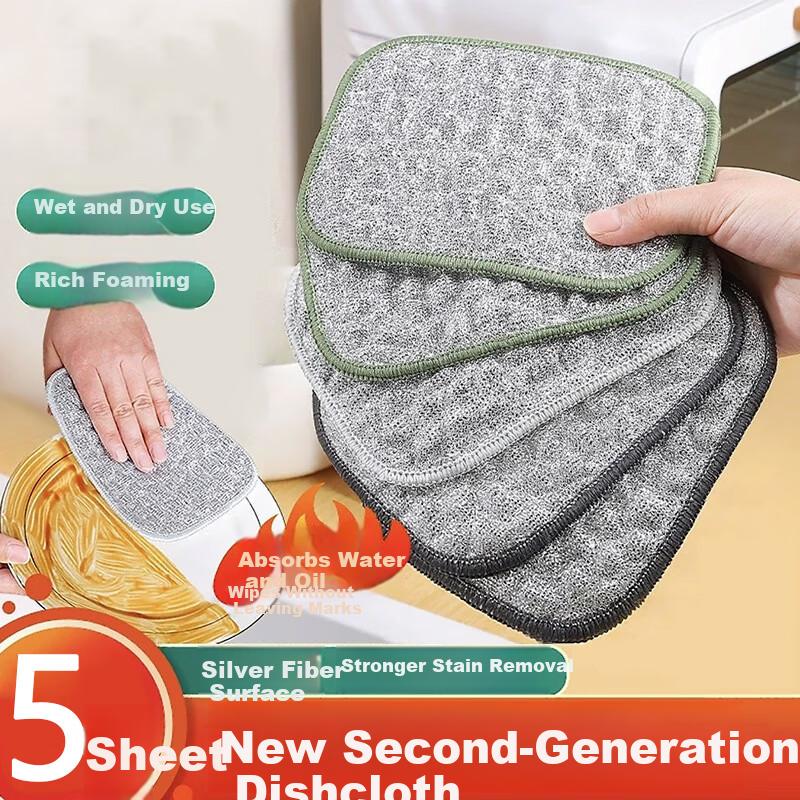 Dafurei 5-Pack Double-Layer Thickened Dish Cloths, Absorbent Silver Fiber Cotton Gauze Dishwashing Scrubbers and Pot Cleaning Cloths