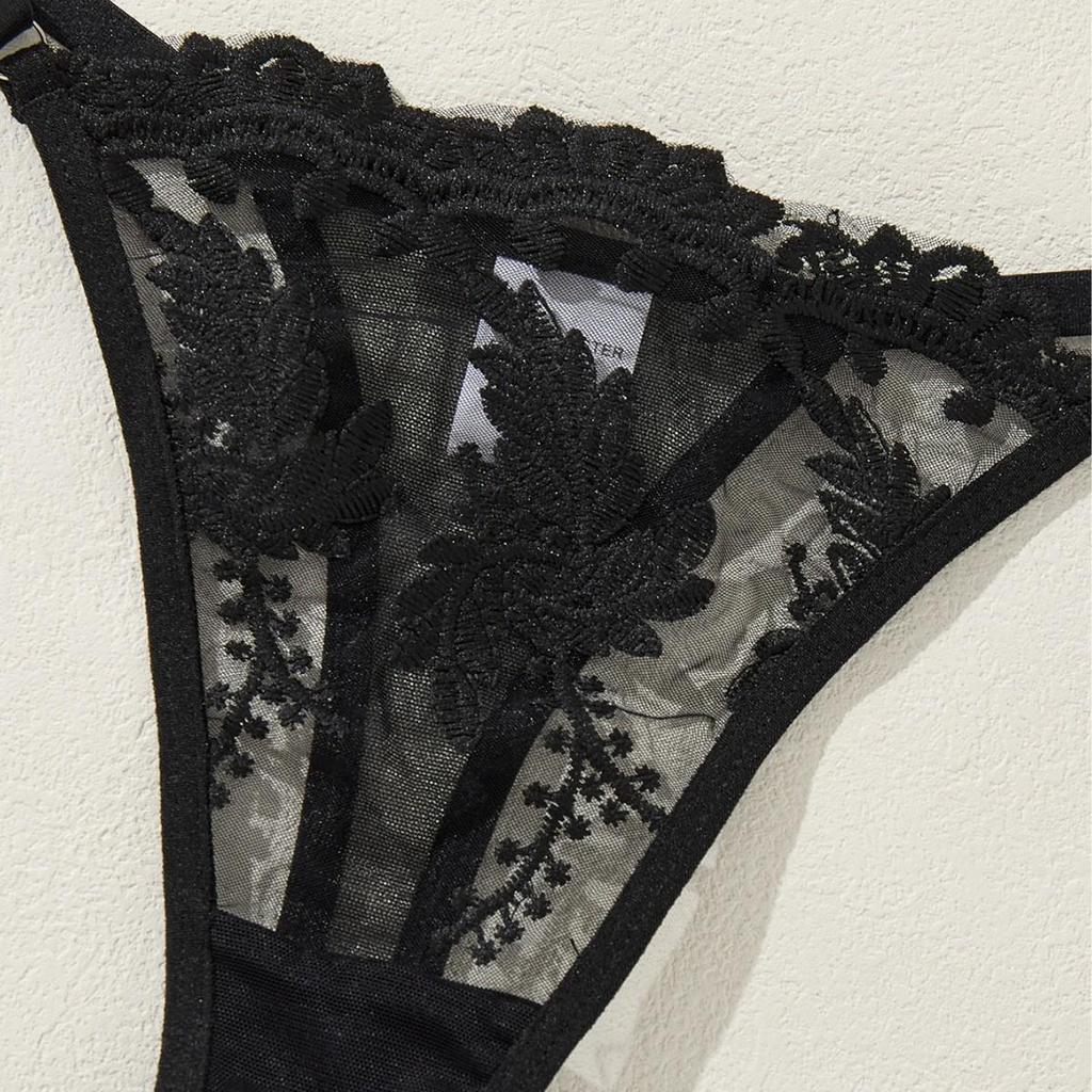 Multi-Color Bow Wheat Ear Embroidered Deep V See-Through Lingerie Set with T-Back