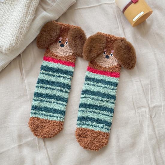 1 Pair Floor Socks 3D Cartoon Dachshund Design Striped Print Elastic Opening Socks Coral Fleece Thickened Mid-Length Sleeping Socks