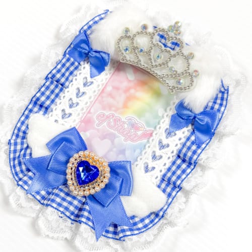 efShop Trading Card Case B8 [Cat Ear Gingham Check] Hard Case Top Loader for Oshikatsu (Blue, Heart)