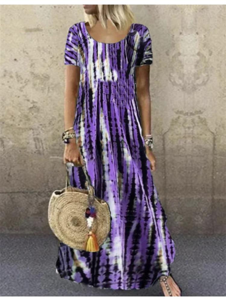 Μόδα Tie Dye Print Φόρεμα Μεγάλο Πόδι Γυναικείο Λαιμόκοψη O Πουλόβερ Κοντομάνικο Επίσημο Γυναικείο 2025 Καλοκαίρι Casual Φαρδύ Μέση Φούστα 5XL