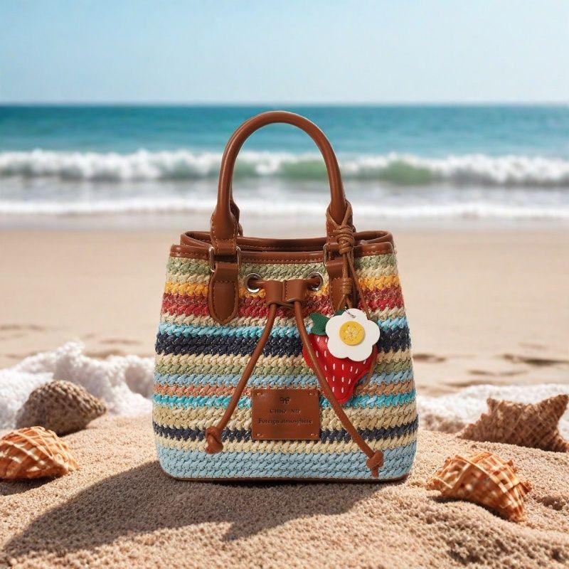 

South Style Chio2n Skittles Bucket Bags Women s 2025 New Arrival Woven Tote Summer Shoulder Messenger Bag Colorful Stripes