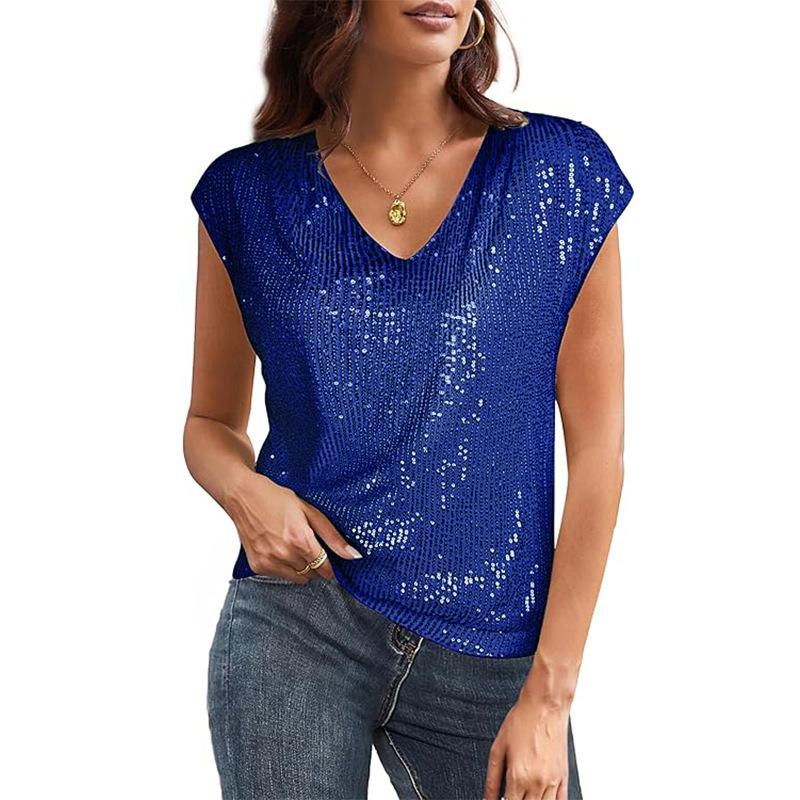 Summer New Women s Sexy V-Neck Sequins Pearlescent Party Vest T-Shirt XXL