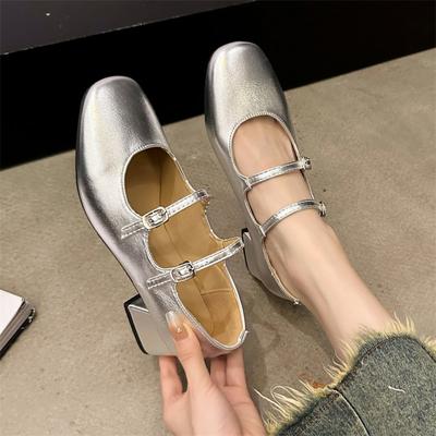 Fashion Double Buckle Belt Mary Janes Shoes Woman Retro Square Toe Low Heel Work Shoes Silver Leather Dress Pumps Women's High Heels