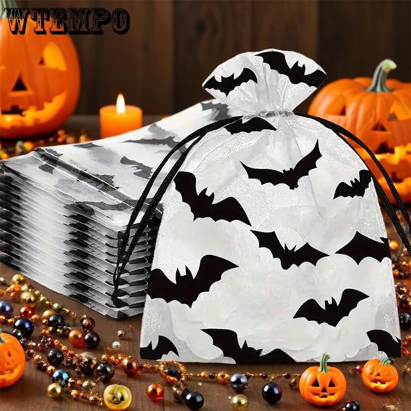 WTEMPO Halloween Organza Gauze Drawstring Bags Black Bat Pattern Design Mesh Gift Bags Holiday Festive Party Supplies
