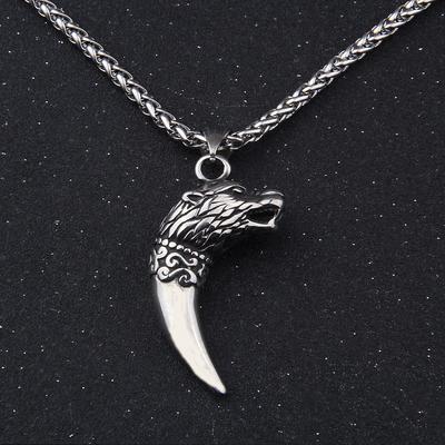 Men's Cool Viking Wolf Tooth Necklace Stainless Steel Animal Tag Dragon Pendant Necklace with 24 Inch Keel Link Chain