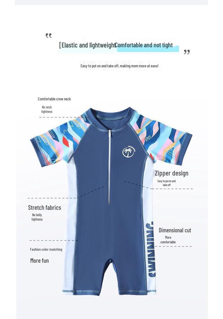 Korean Style Boys' One-Piece Swimsuit with Sun Protection - Quick Dry, Print Design for Kids (S, M, L)