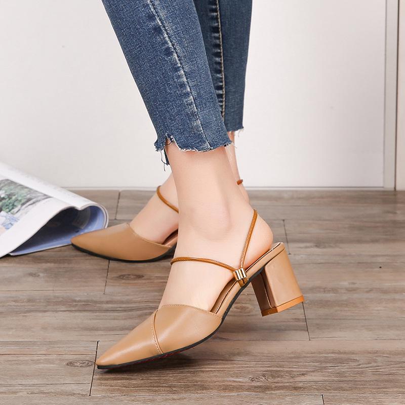Spring and Summer Footwear Sandal Female Pointed Word with Large Size Comfortable Cool Half-drag Thick Heel Sandal Female.