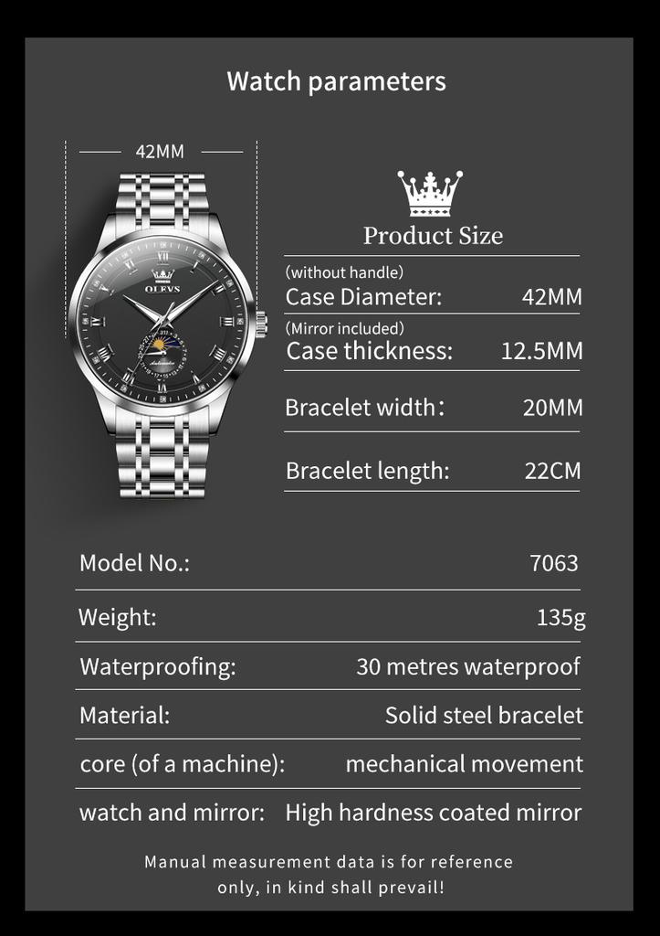 OLEVS 7063 Moon Phase Automatic Mechanical Men's Watches Stainless Steel 30M Waterproof Luminous Watch Original Luxury Man Watch