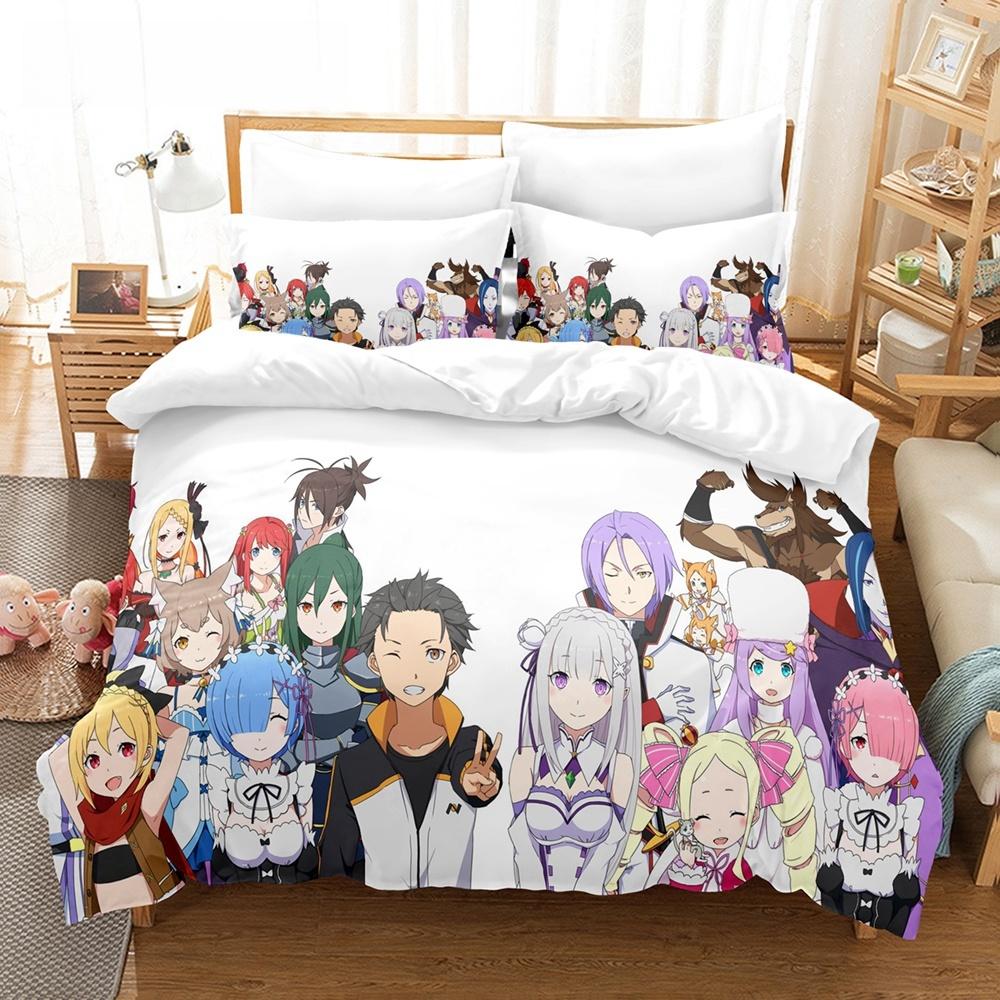 New Re Zero Rem Ram Bedding Set 3d Print Kawaii Cartoon Anime Three-piece Set Adult Kid Bedroom Duvet Cover Sets Home Textiles