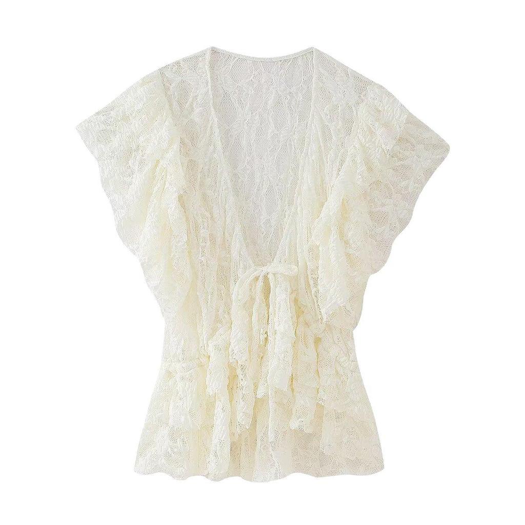 2025 Spring Women's European & American Fashion: Layered Ruffle Lace-up Top